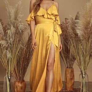 Lulu’s Yellow Wrap Around Off The Shoulder Dress